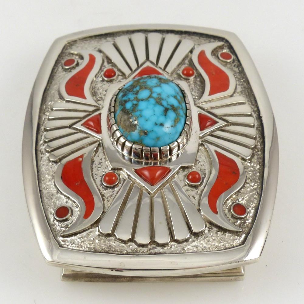 Kingman Turquoise and Coral Buckle by Michael Perry - Garland's