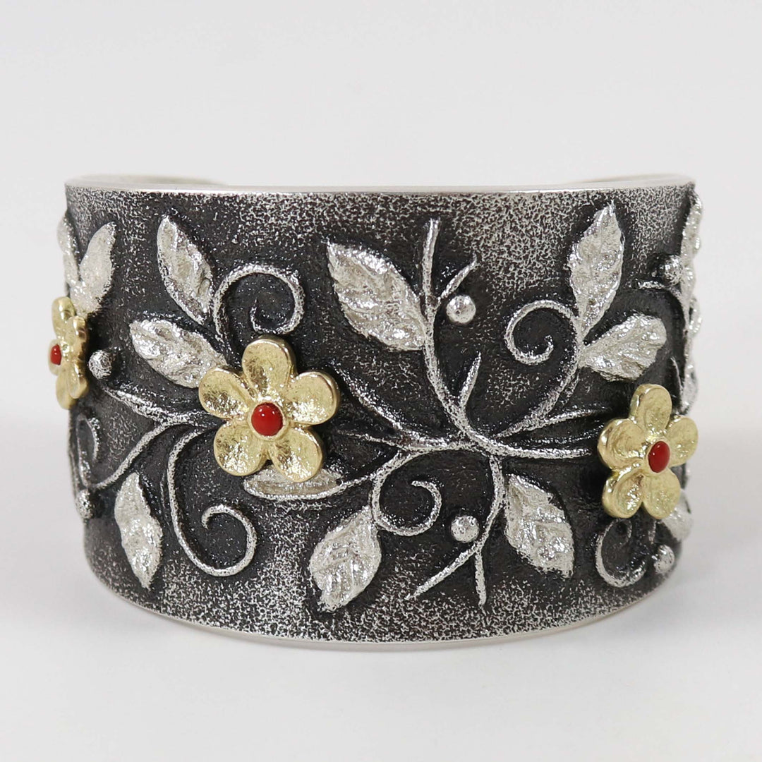 Coral and Gold Flower Cuff