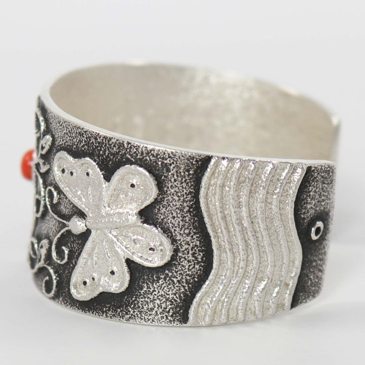 Coral Flower and Butterfly Cuff by Rebecca Begay - Garland's