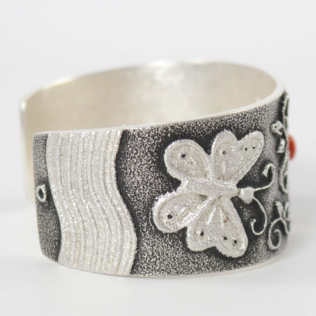 Coral Flower and Butterfly Cuff by Rebecca Begay - Garland's