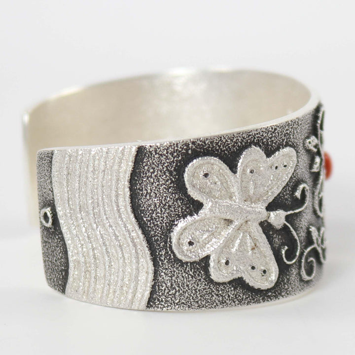 Coral Flower and Butterfly Cuff by Rebecca Begay - Garland's