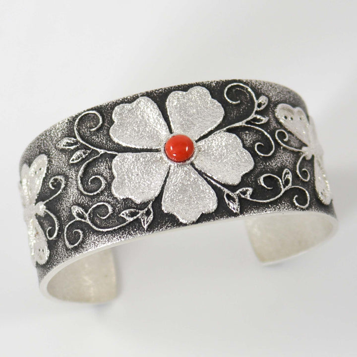 Coral Flower and Butterfly Cuff by Rebecca Begay - Garland's