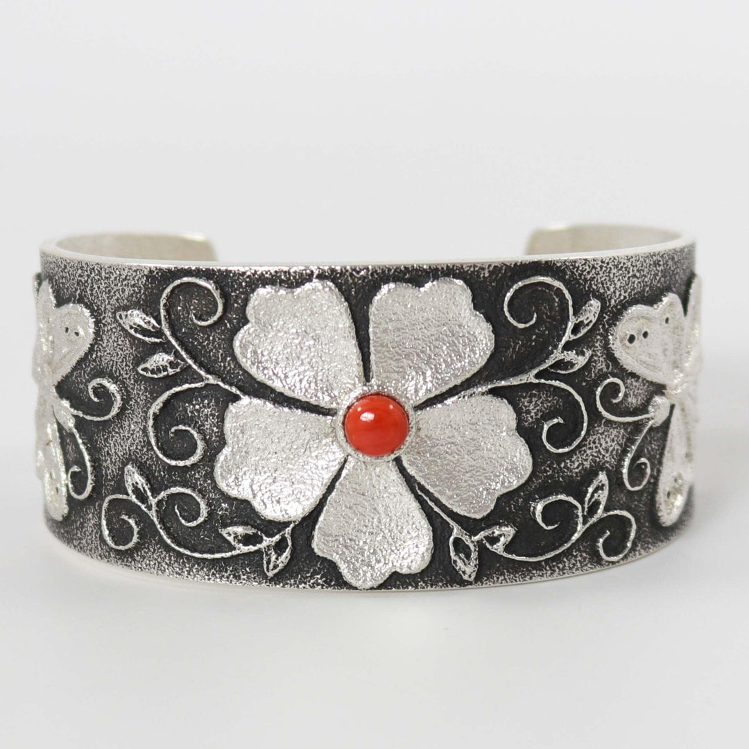 Coral Flower and Butterfly Cuff by Rebecca Begay - Garland's