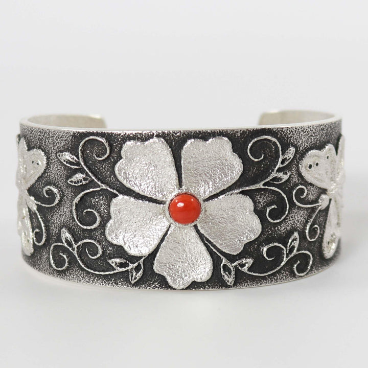 Coral Flower and Butterfly Cuff by Rebecca Begay - Garland's