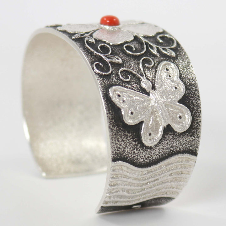 Coral Flower and Butterfly Cuff by Rebecca Begay - Garland's