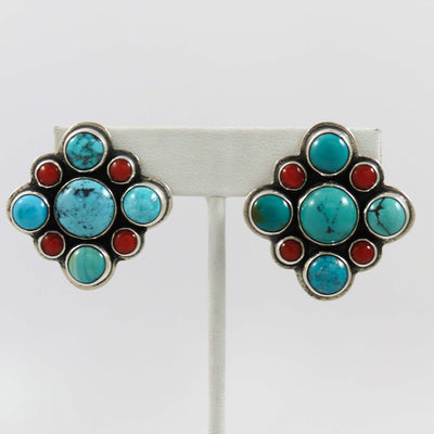 Turquoise and Coral Clip Earrings