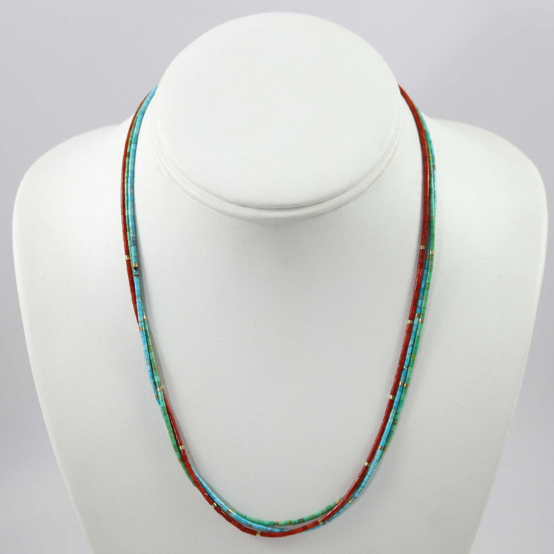 Turquoise and Coral Heishi Necklace by Joe Jr. and Valerie Calabaza - Garland's