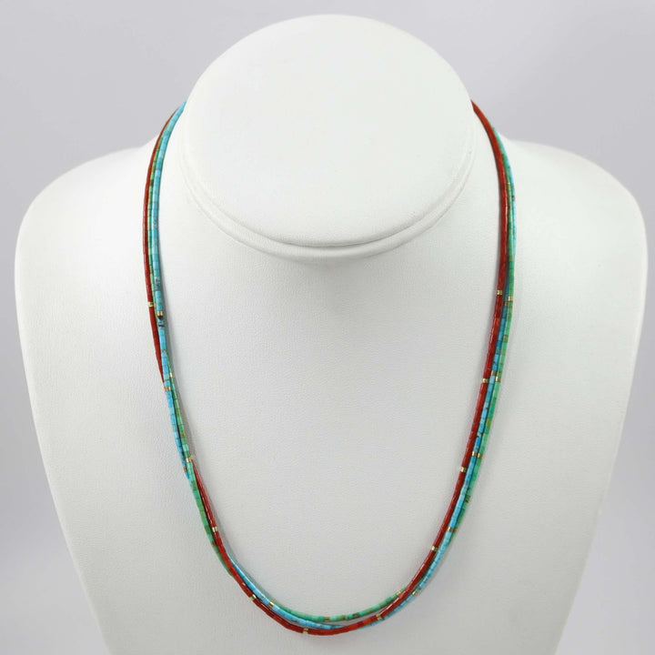 Turquoise and Coral Heishi Necklace by Joe Jr. and Valerie Calabaza - Garland's