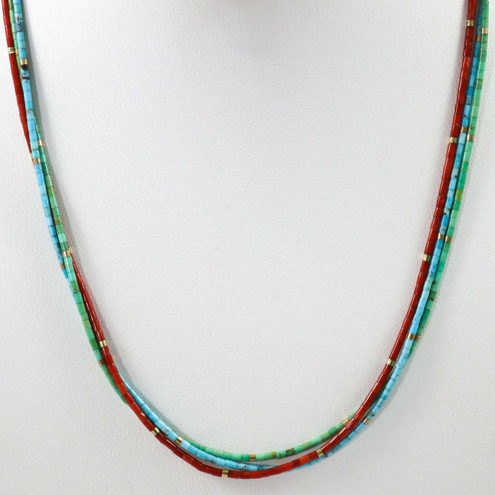 Turquoise and Coral Heishi Necklace by Joe Jr. and Valerie Calabaza - Garland's
