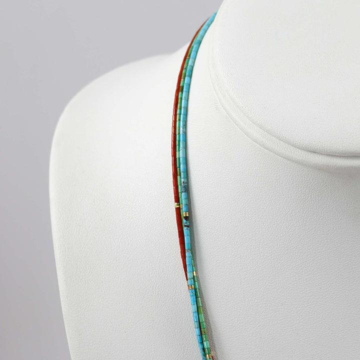 Turquoise and Coral Heishi Necklace by Joe Jr. and Valerie Calabaza - Garland's