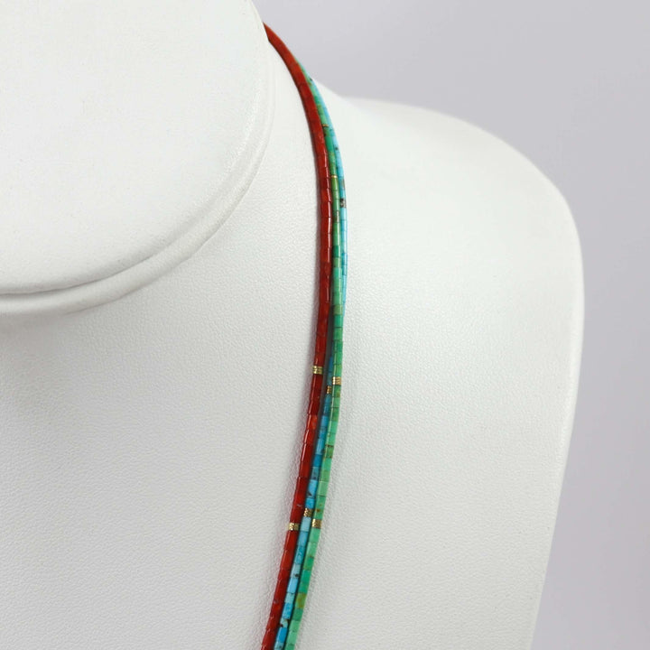 Turquoise and Coral Heishi Necklace by Joe Jr. and Valerie Calabaza - Garland's