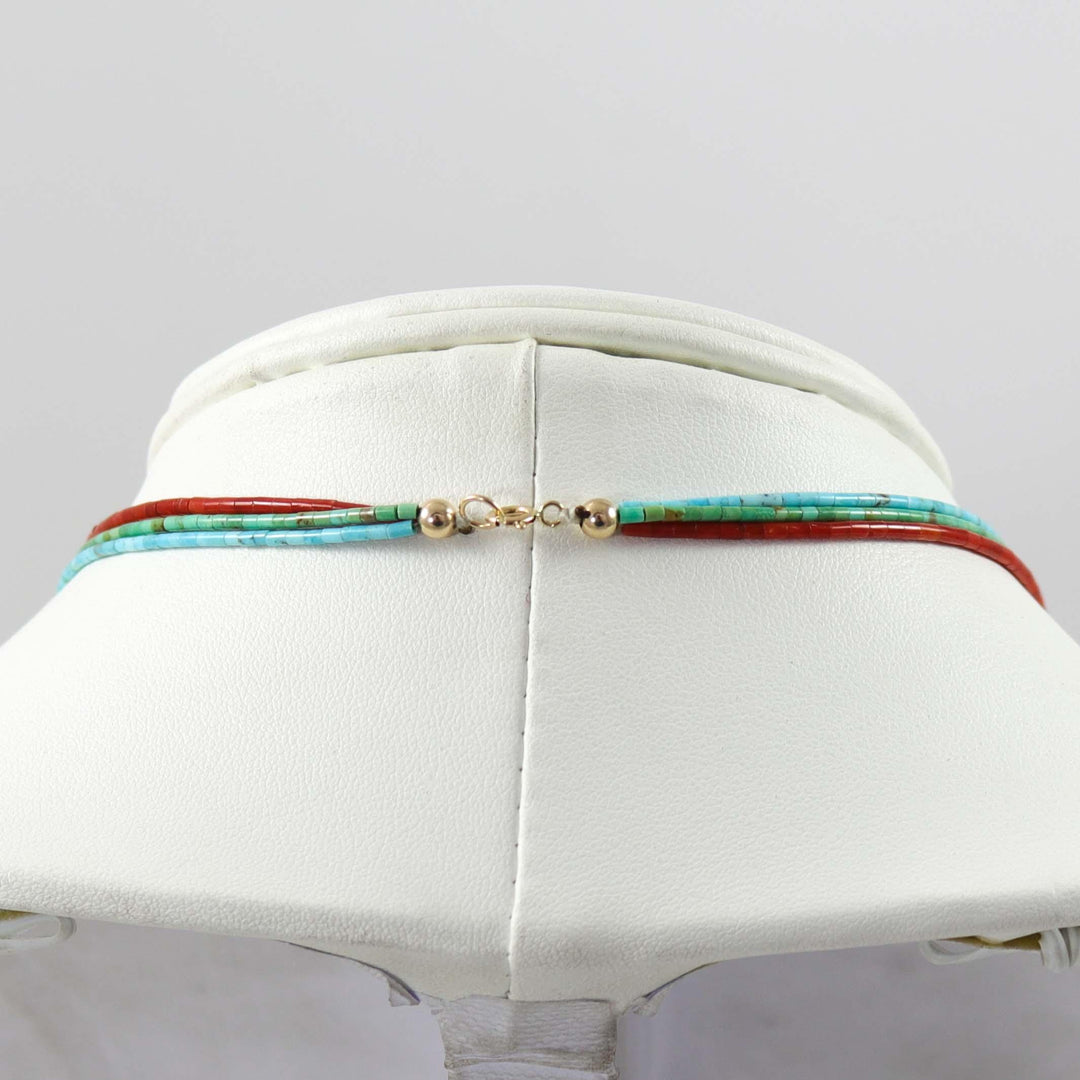 Turquoise and Coral Heishi Necklace by Joe Jr. and Valerie Calabaza - Garland's