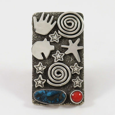 Turquoise and Coral Petroglyph Ring