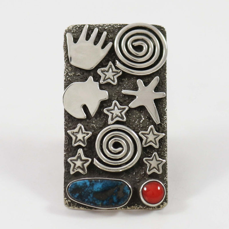 Turquoise and Coral Petroglyph Ring