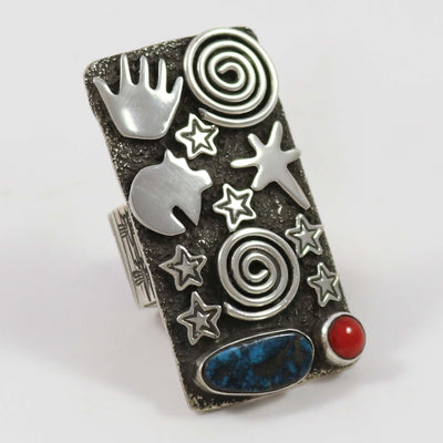 Turquoise and Coral Petroglyph Ring
