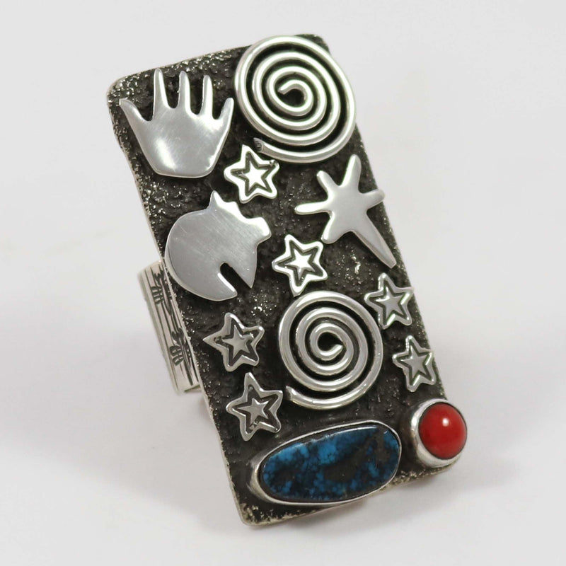 Turquoise and Coral Petroglyph Ring