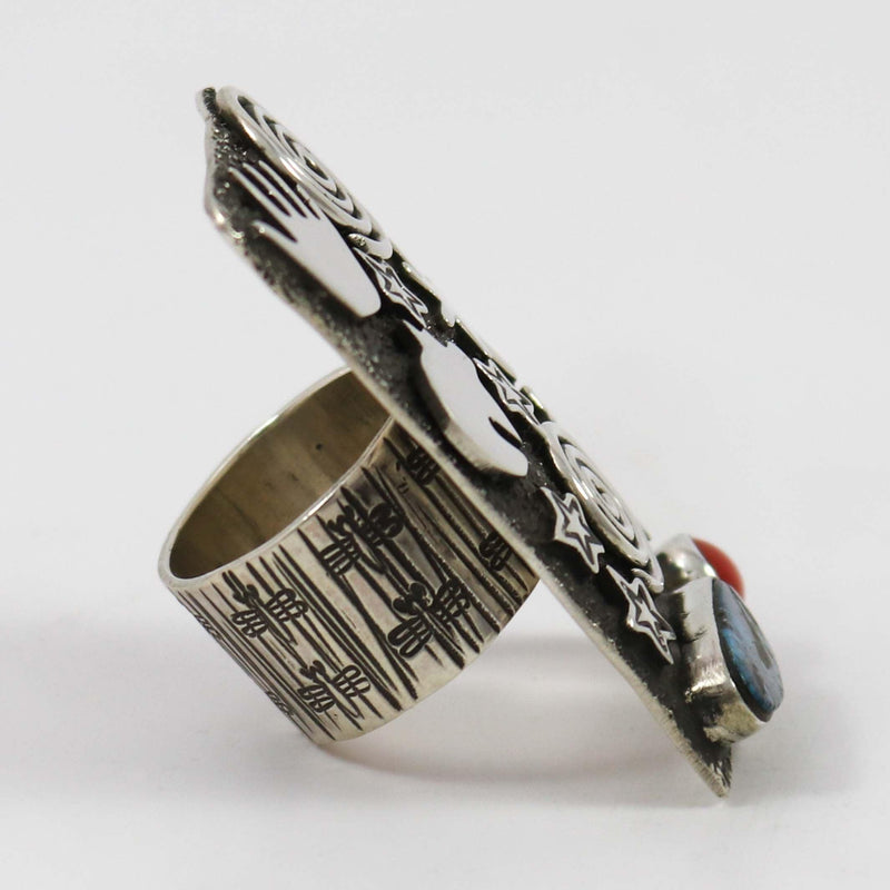 Turquoise and Coral Petroglyph Ring