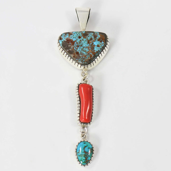 Turquoise and Coral Pendant by Kee Yazzie - Garland's