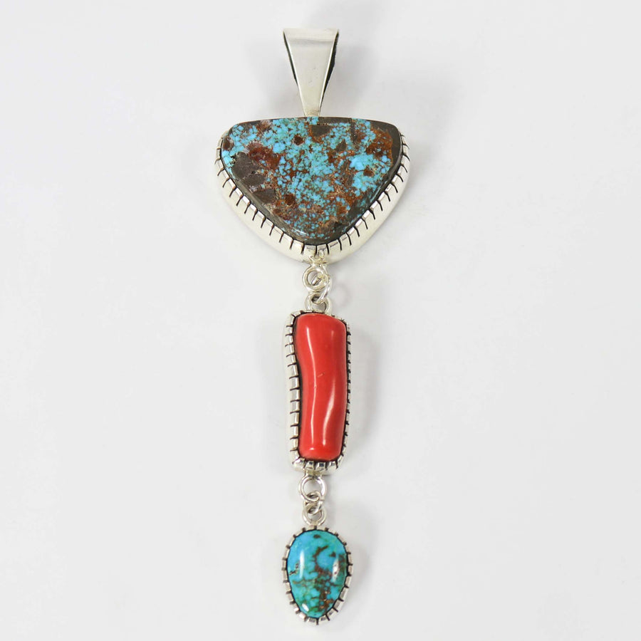 Turquoise and Coral Pendant by Kee Yazzie - Garland's