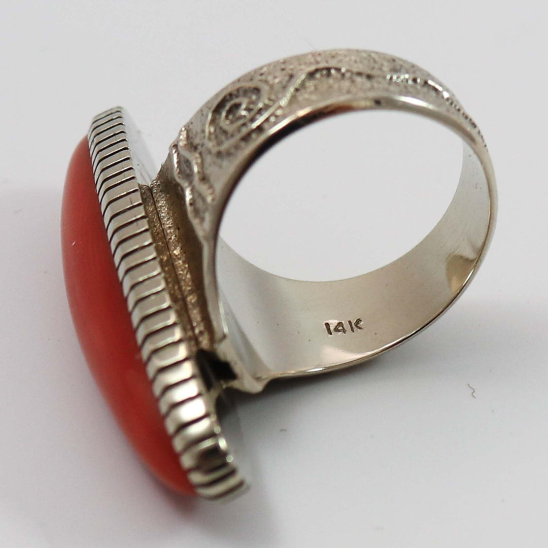 White Gold and Coral Ring by Ric Charlie - Garland's