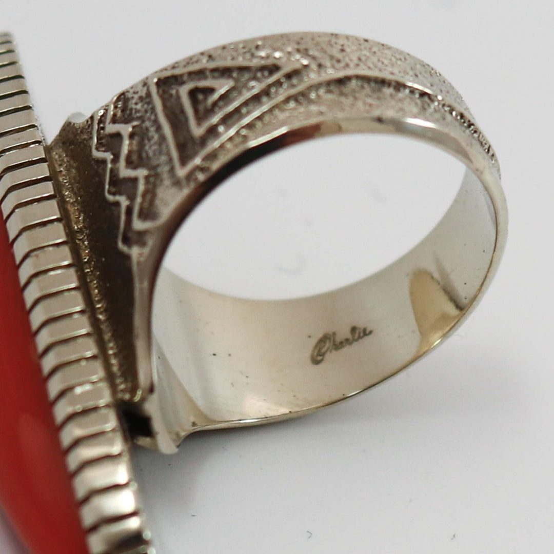 White Gold and Coral Ring by Ric Charlie - Garland's