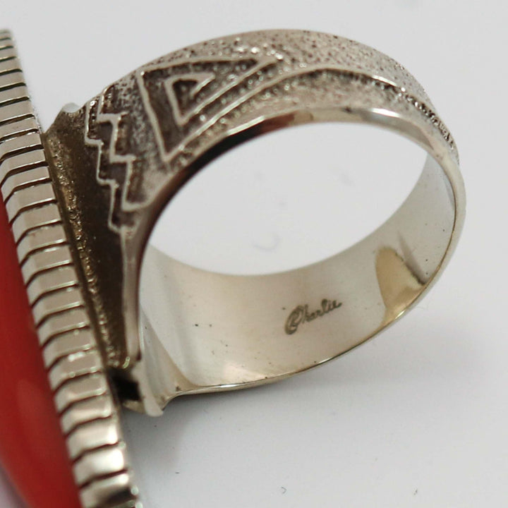 White Gold and Coral Ring by Ric Charlie - Garland's