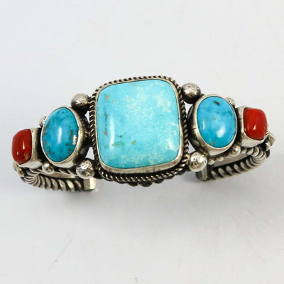 Kingman Turquoise and Coral Bracelet by Albert Jake and Bruce Eckhardt - Garland's