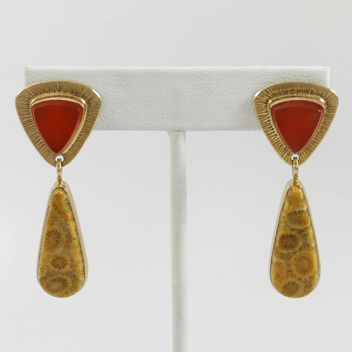 Chalcedony and Coral Gold Earrings by Duane Maktima - Garland's