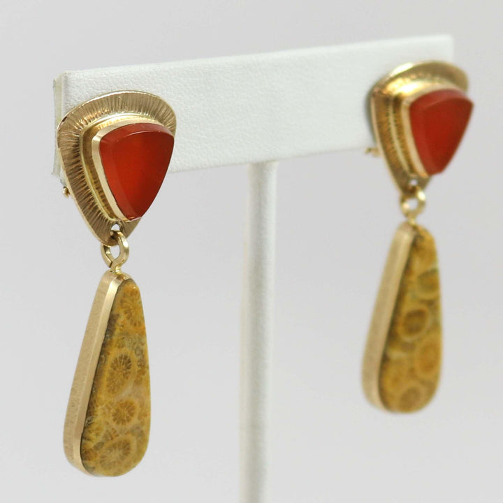 Chalcedony and Coral Gold Earrings by Duane Maktima - Garland's