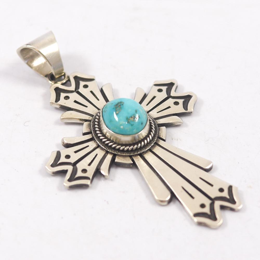 Rob Yellowhorse Native American Navajo Morenci Turquoise Sterling Silver Zia Necklace Rob Yellowhorse Native American Navajo Morenci Turquoise Sterling Silver Zia Necklace