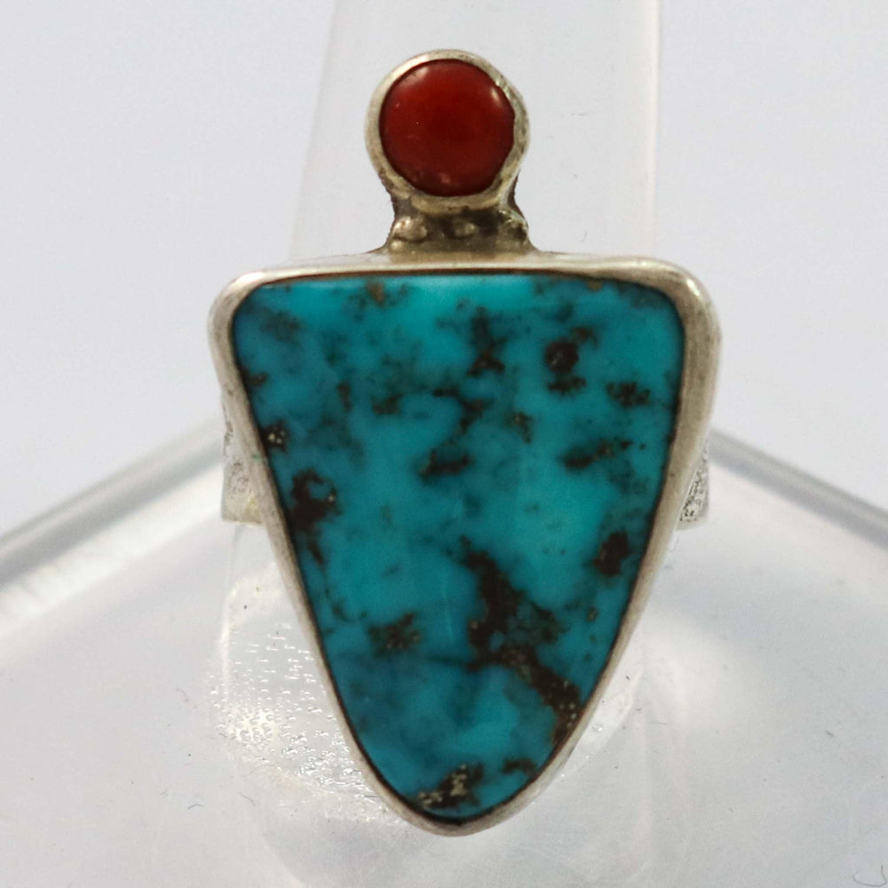 Kingman Turquoise and Coral Ring by Joel Pajarito - Garland's