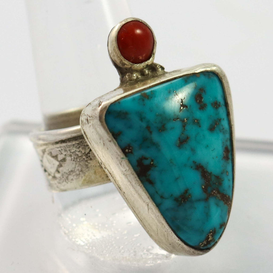 Kingman Turquoise and Coral Ring by Joel Pajarito - Garland's