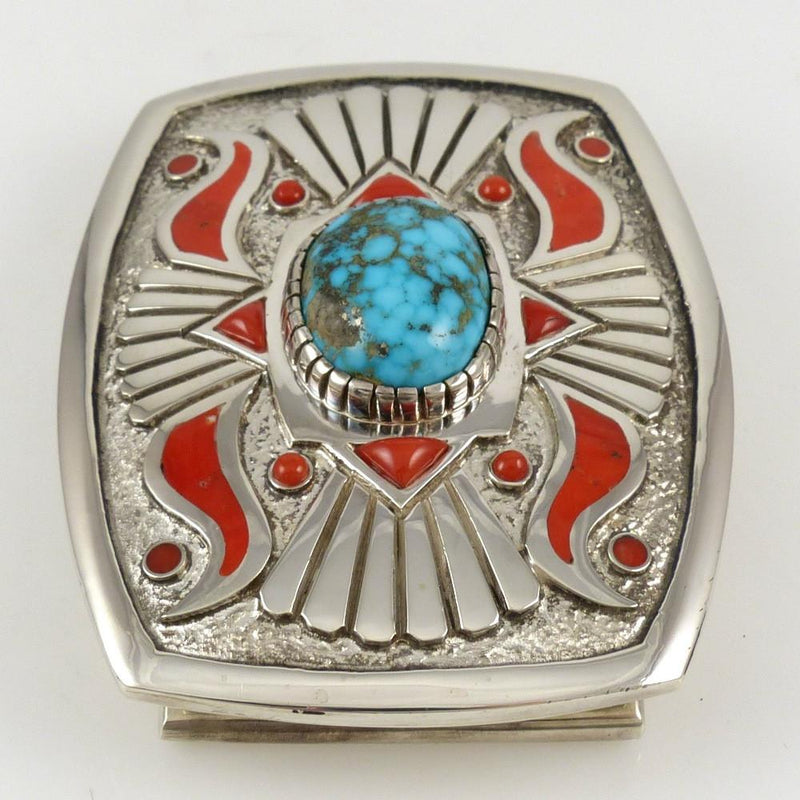Kingman Turquoise and Coral Buckle by Michael Perry - Garland&