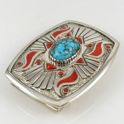Kingman Turquoise and Coral Buckle by Michael Perry - Garland's
