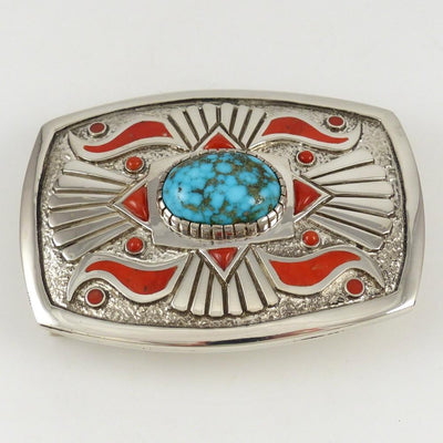 Kingman Turquoise and Coral Buckle by Michael Perry - Garland's